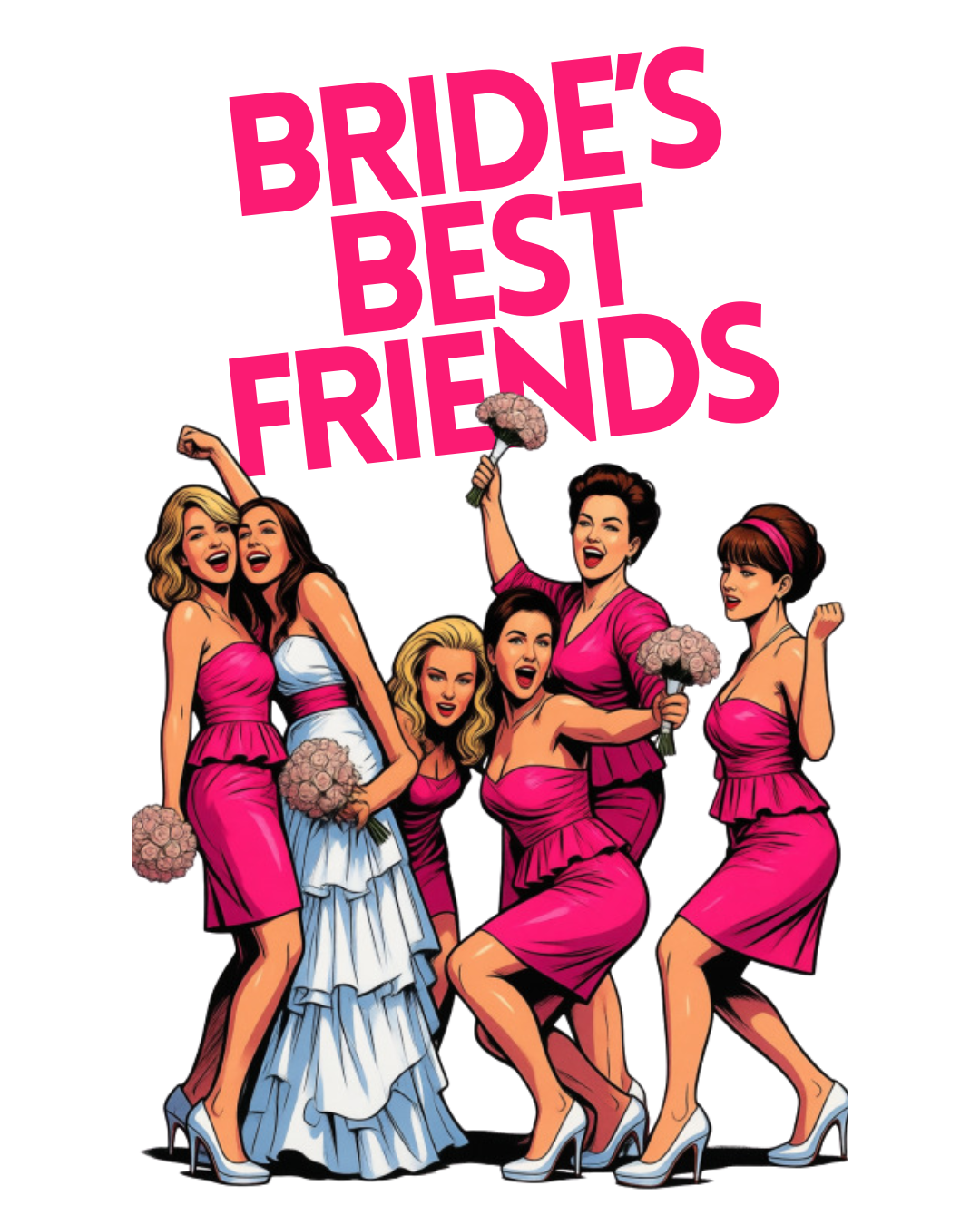 There are five women in pink dresses making all kinds of faces with a white background and text that reads 'Bride's Best Friends' in pink.