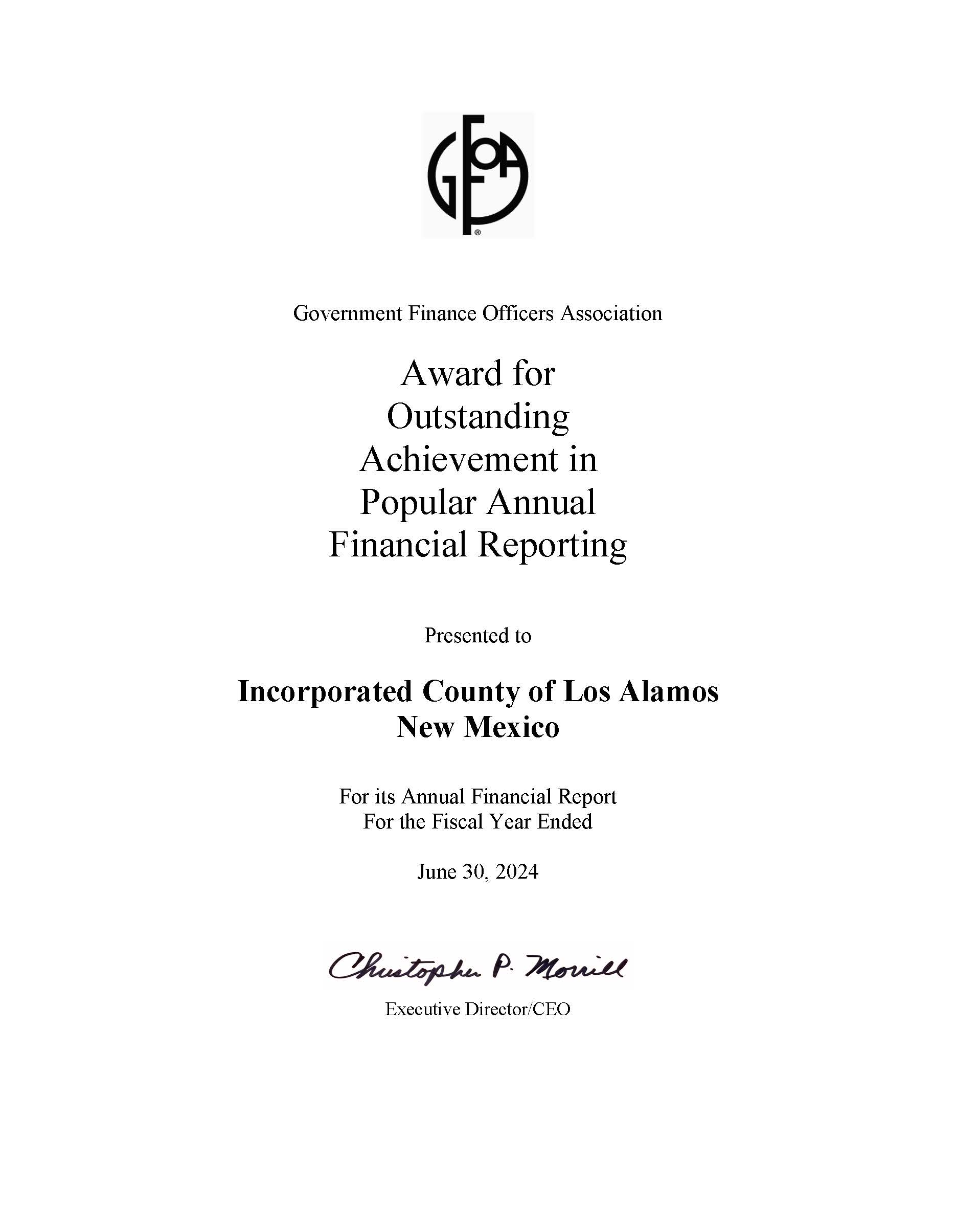 GFOA PAFR Award Certificate