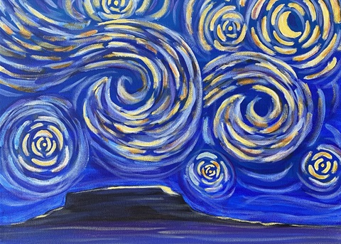 Amateur Painting of Starry Night over Black Mesa, with blues, yellow, and black paints.