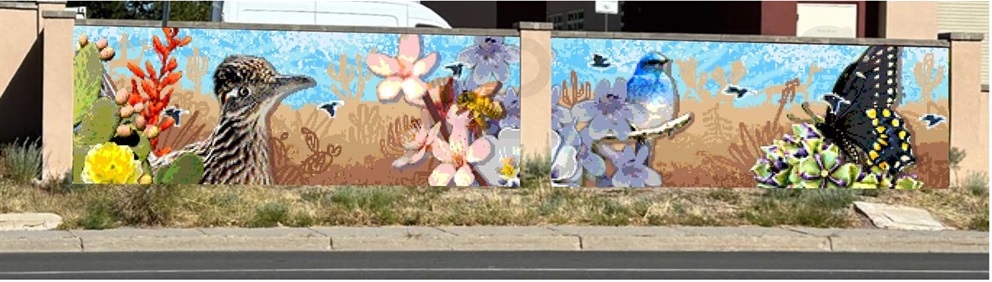 Colorful glass mosaic with roadrunner, flowers, blue sky, and butterflies.jpg