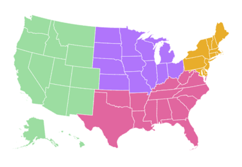 BioBot Shaded map of the United States broken into regions
