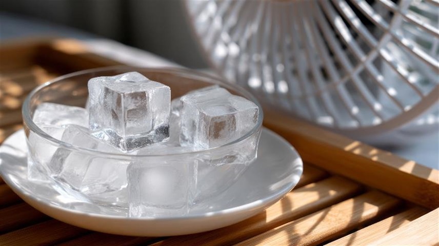 Image of a bowl of ice placed in front of a table suggesting that the wind from the fan is passing over the ice.