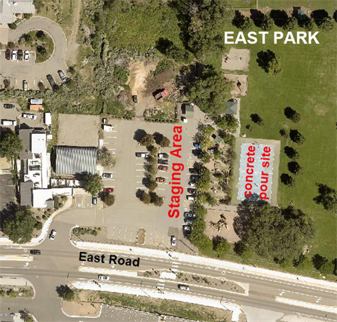 Aerial map of East Park showing the parking lot with 