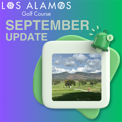 Graphic that includes a white frame with a photo ofthe golf course and a green bell. Text 