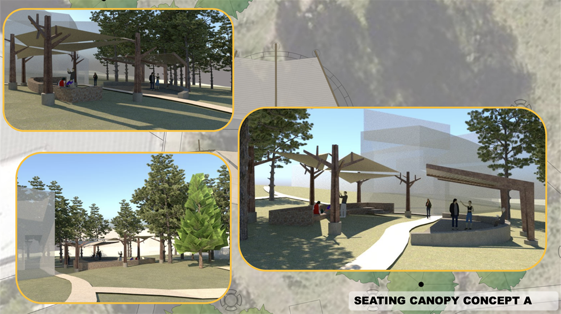 Library Outdoor Classroom Conceptual Option A image showing four angles of the option A coverings