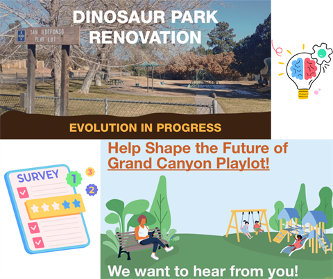 Picture of a a park with dinosaur play equipment, and another graphic with a mom sitting on a bench with kids playing on a playgound. Additional graphics of a colorful brainstorming lightbulb, and Survey tablet with ranking.