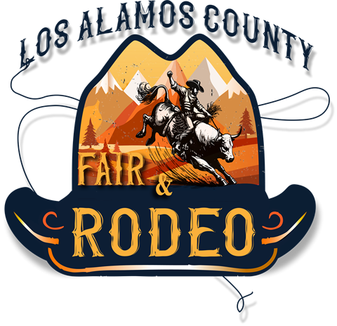 Outline of a cowboy hat, with ornage hue with snowcapped mountains and trees in the background. In the forreground there is a cowboy riding a bull in black and white. Over the image is says, 