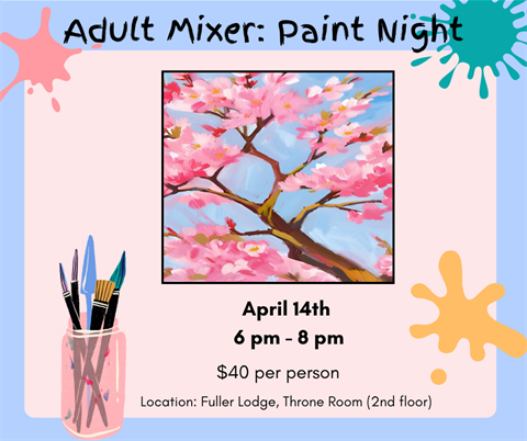 Light blue border, with light pink backgrouns, Splashes of pink, green, and yellow in three corners, and a pink clear jar holding multiple paint brushes in the left corner. In the center is a painting of pink cherry blossoms with a blue sky background. Text at the top: 