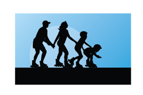 blue and black background with family roller skating together