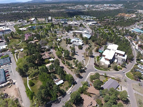 Aerial photograph of a Los Alamos neighborhood in Spring
