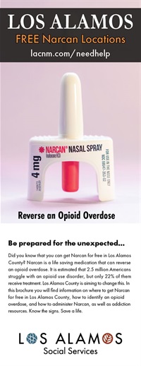 Image of Front Cover for Narcan Location Brochure depicting a bottle of Narcan. Los Alamos lacnm.com/needhelp