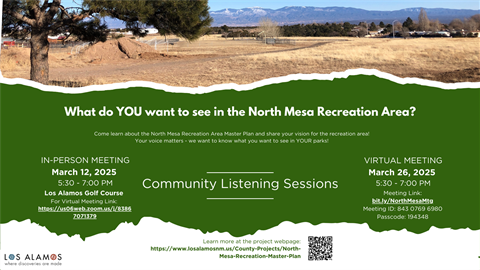 Image of the North Mesa Rec Area, green background with words for meeting invite