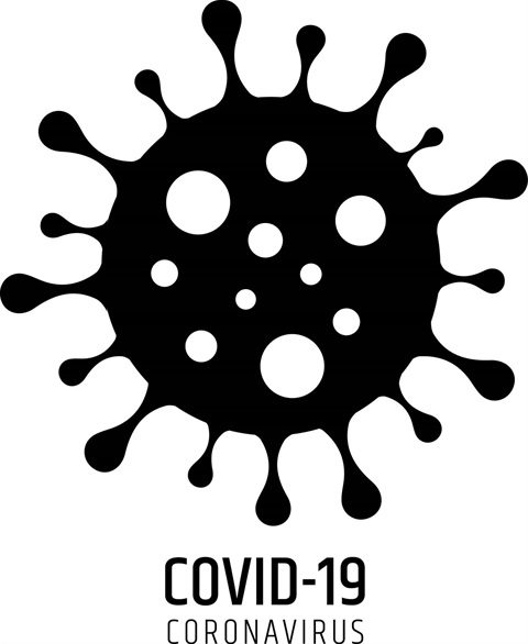 Graphic image of a Covid-19 virus model and the words Covid-19.