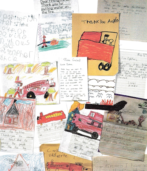 A collage of thank you letters written by school children thanking the Los Alamos Fire Department for extinguishing the Cerro Grande fire.