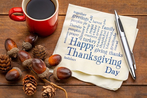 Thanksgiving Word Cloud Napkin showing words associated with Thanksgiving with Coffee next to it