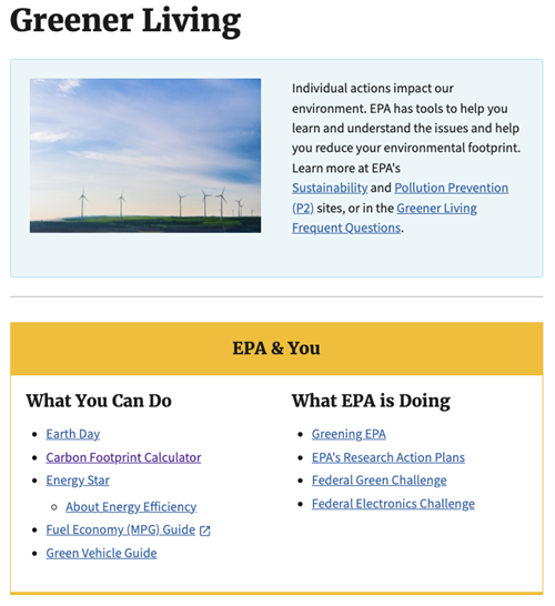 EPA Greener Living website screenshot showing the page summary and a list of tools available on the site, including a carbon footprint calculator, fuel calculator and more - Click to navigate to the EPA Greener Living website