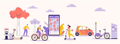 Transportation and Mobility image showing many different forms of transportation and staying connected on your mobile phone