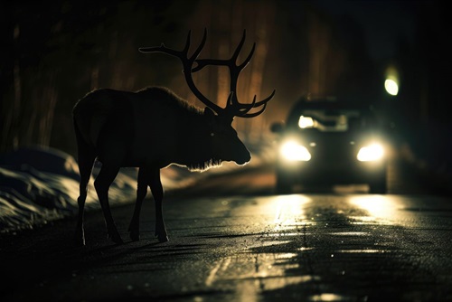 stock image of an elk in the road after dark with a car coming.jpg
