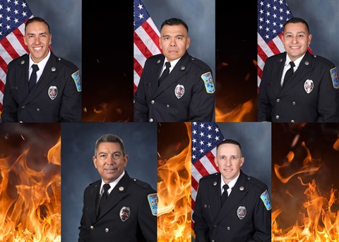 Portraits of five LAFD staff members being promoted with a fire background
