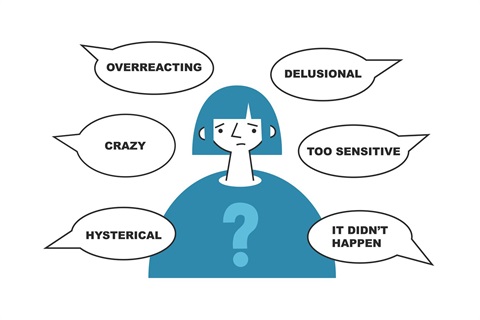 Gaslighting Image that shows a drawing of a person with a question mark on their shirt looking sad with word bubbles around them that say hysterical, crazy, overreacting, it didn't happened, delusional, too sensitive