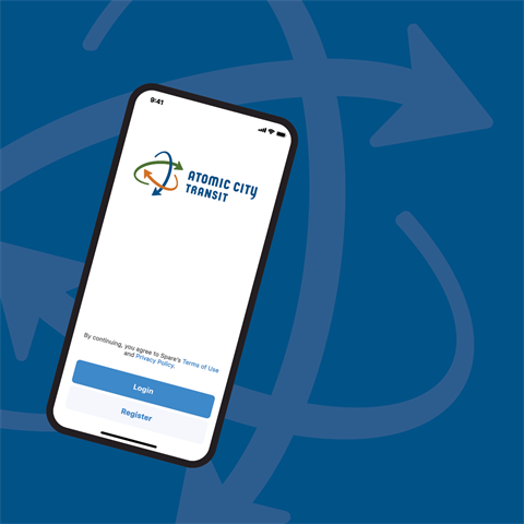 MyRide App on a phone with Atomic City Transit logo
