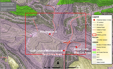 A topographic map depicting the three potential sites to replace Fire Station #4