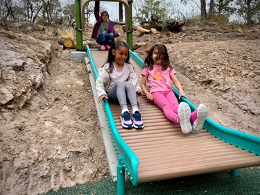 Kids sliding down a new roller-slide built into the hillside.