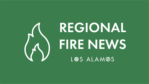 Green background with a white flame symbol and white text that reads Regional Fire News Los Alamos