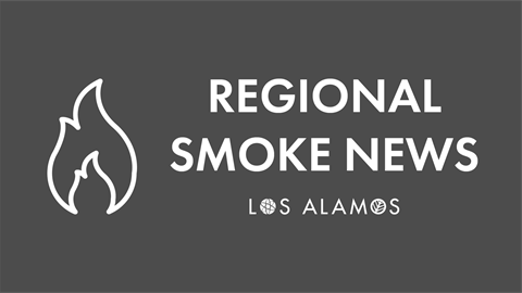 Gray background with an illustration white flame and the text Regional smoke news Los Alamos.
