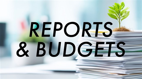 Reports and Budgets text on top of an image of stacked paper with a plant growing out of the sheets
