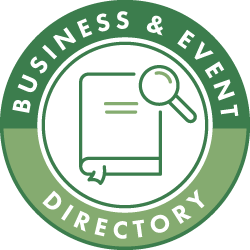 Green circle with the words Business & Event Directory and inside the circle is a book and magnifying glass.