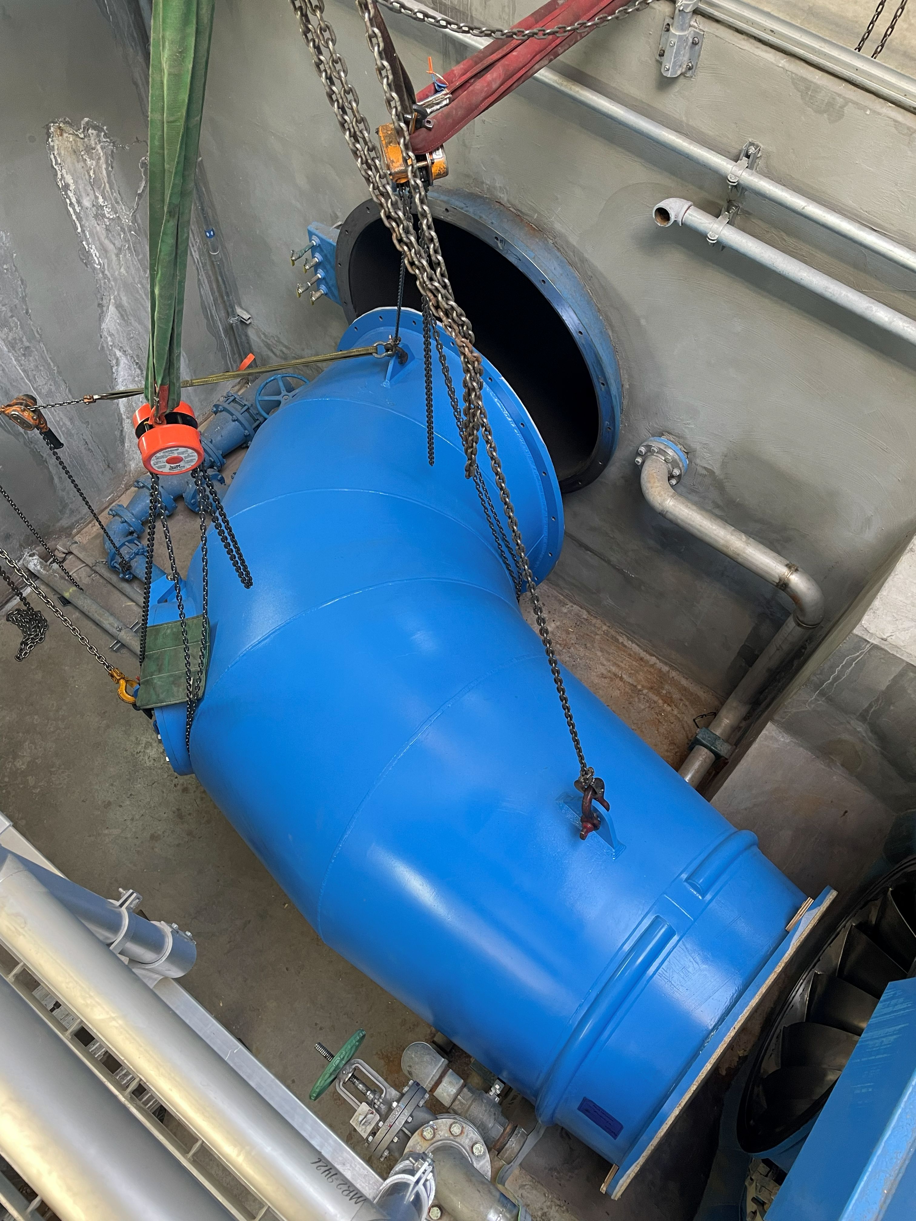 elbow nearly in place to connect to turbine and existing piping