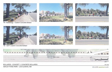 Renderings of concrete piers between a road and a park.