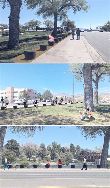Rendering of a park with round concrete piers running along a sidewalk and roadway.