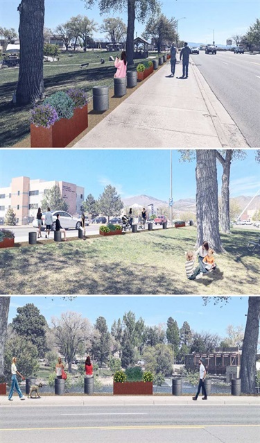 Rendering of a park with rusty metal planters and round concrete piers running along a sidewalk and roadway.