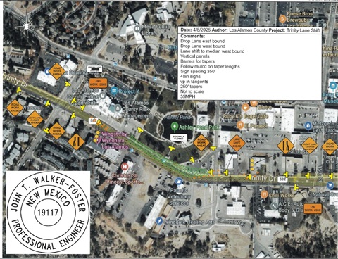 Map showing placement of construction warning signs and placement of barriers.