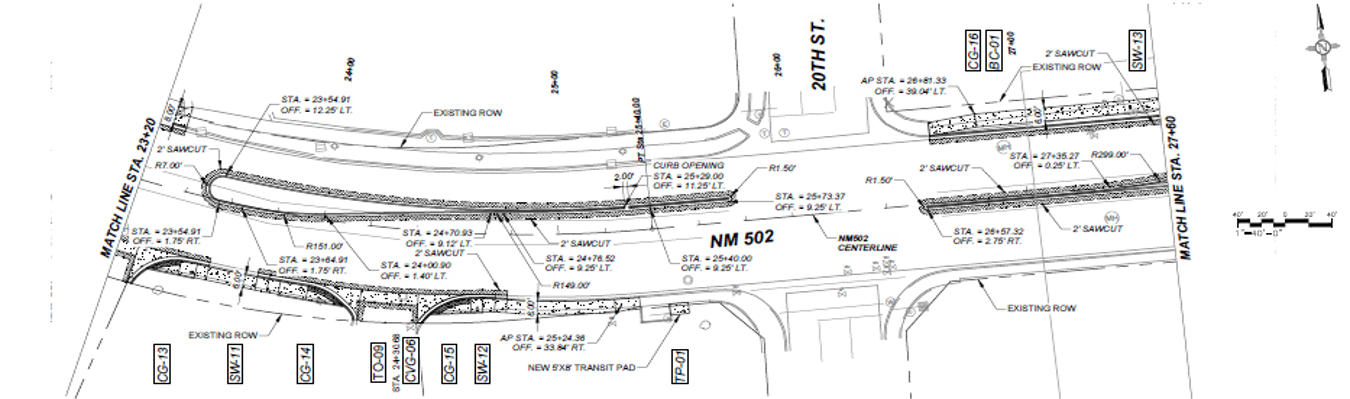 Schematic design of road medians dividing flows of traffic and delineating turn lanes.