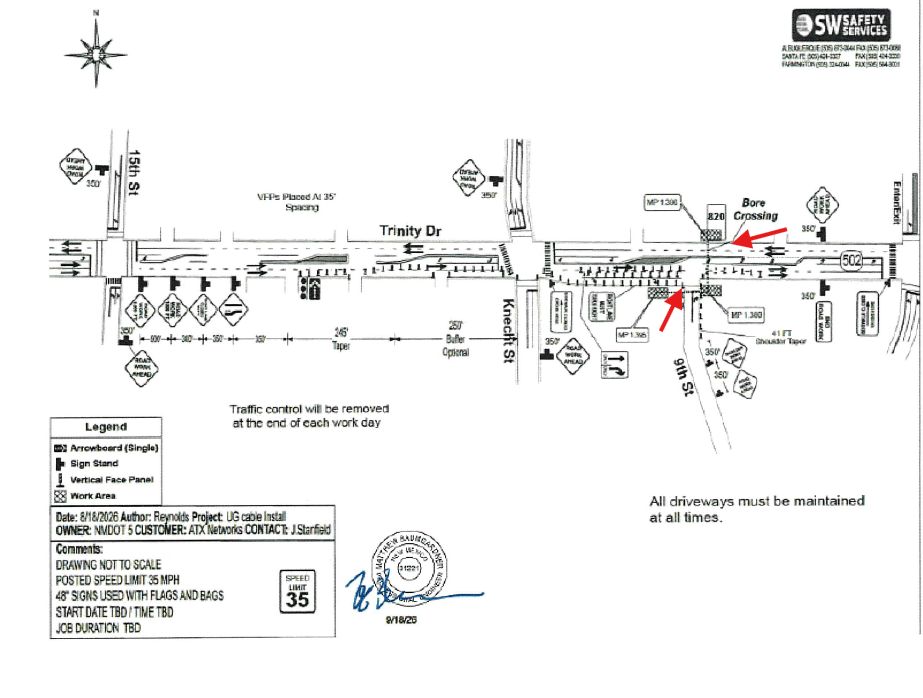 9th Street and Trinity Drive traffic control map showing location of underground bore and traffic control
