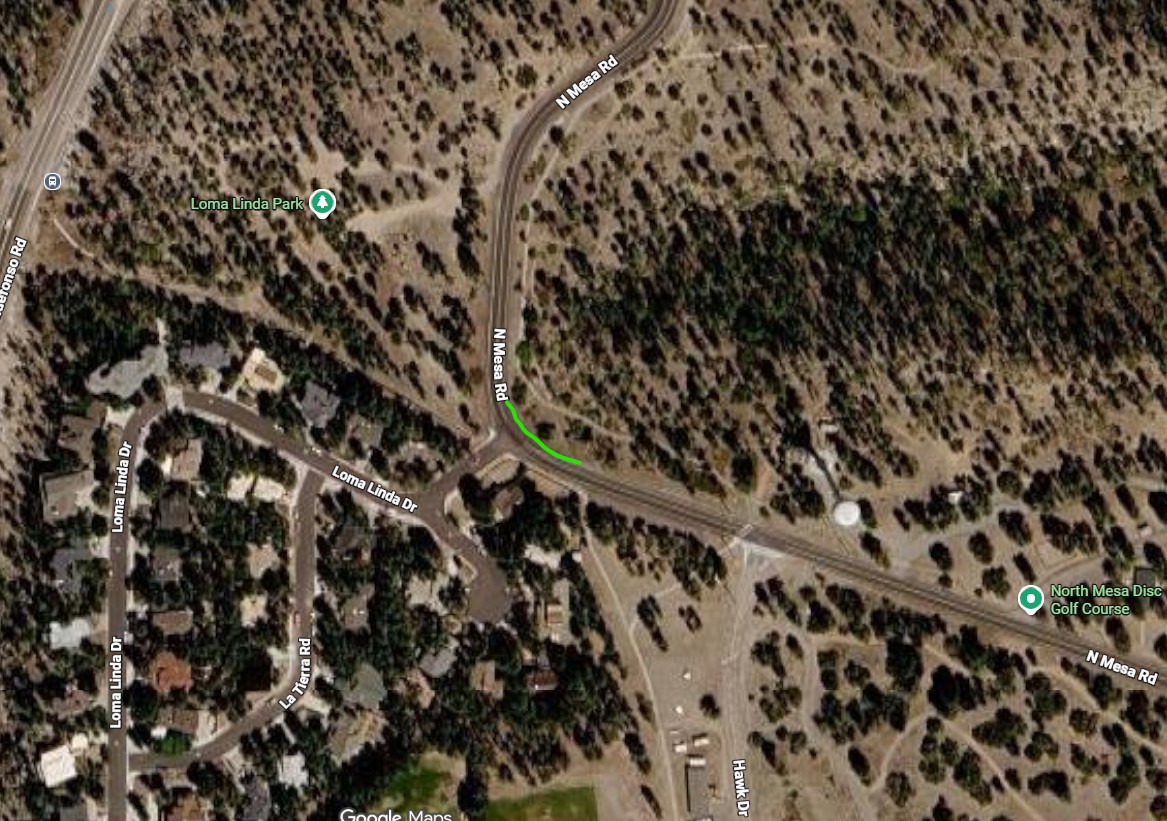 Image shows shoulder work location on N. Mesa Rd in front of Loma Linda Entrance