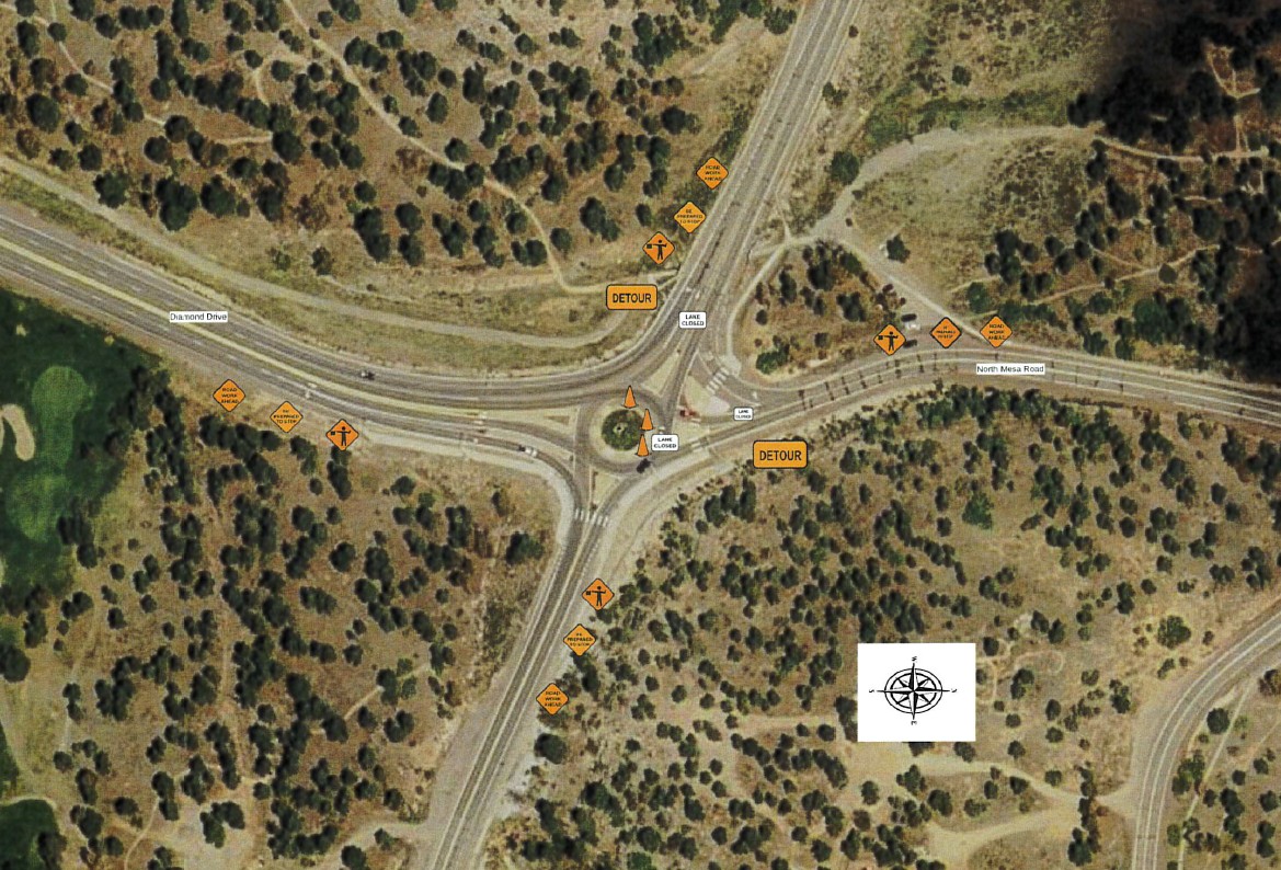 Aerial view of a roundabout with construction warning signs positions around the intersection.