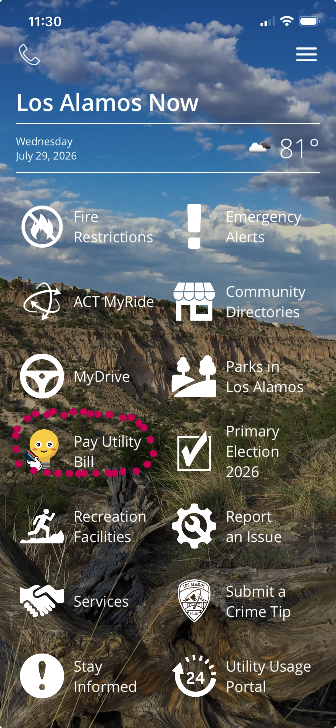screenshot of Los Alamos Now app homepage with Pay Utility Bill circled