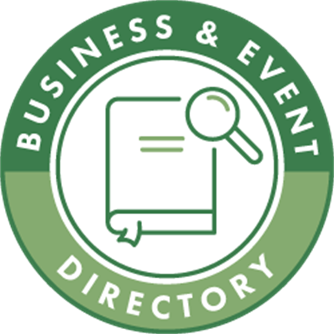 Green circle with the words Business & Event Directory and inside the circle is a book and magnifying glass.