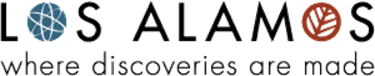 Logo that says Los Alamos where discoveries are made. O in Los is a stylized atom. O in Alamos is a stylized leaf.