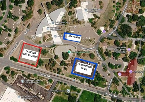 Arial Photo of Mesa Public Library showing the Main parking lot will be closed during construction