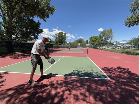A man prepares to hit a ball with a paddle across a green court to another person waiting.
