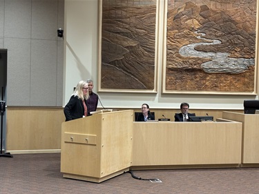 A woman standing behind a podium and speaks.