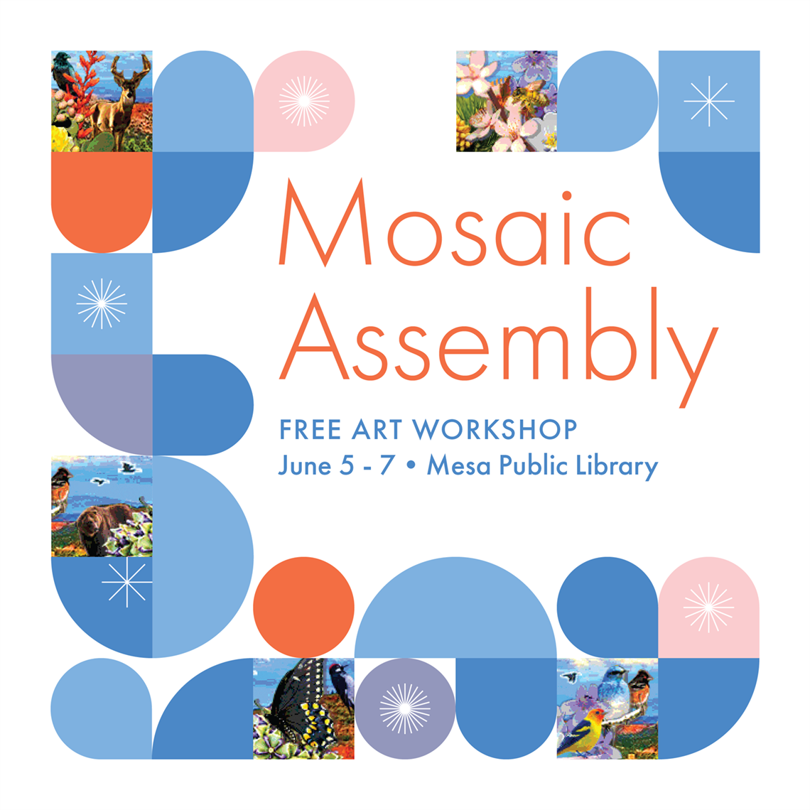 Graphic with geometric shapes intercut with images of mosaic art. Text reads 