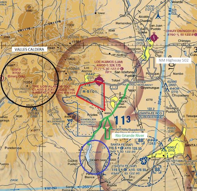 Topographic Map of Los Alamos and surrounding areas with the Airport region outlined.