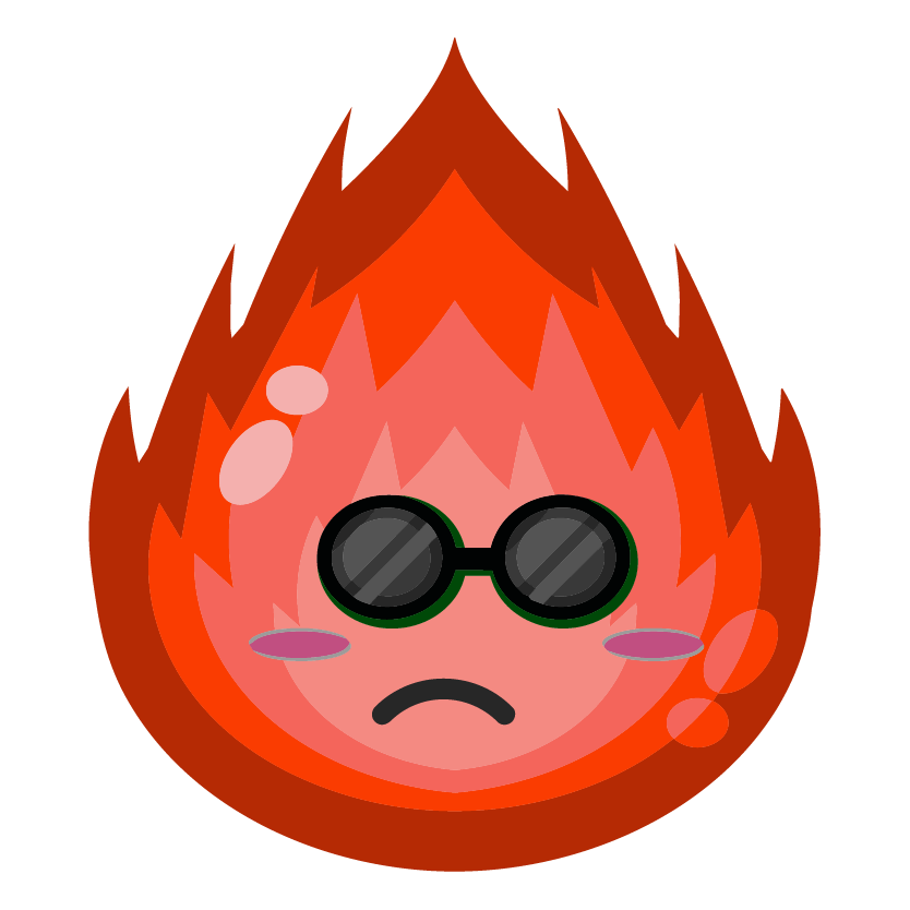 Image of a flame with sunglasses with a frowning face that is red for hot or not good