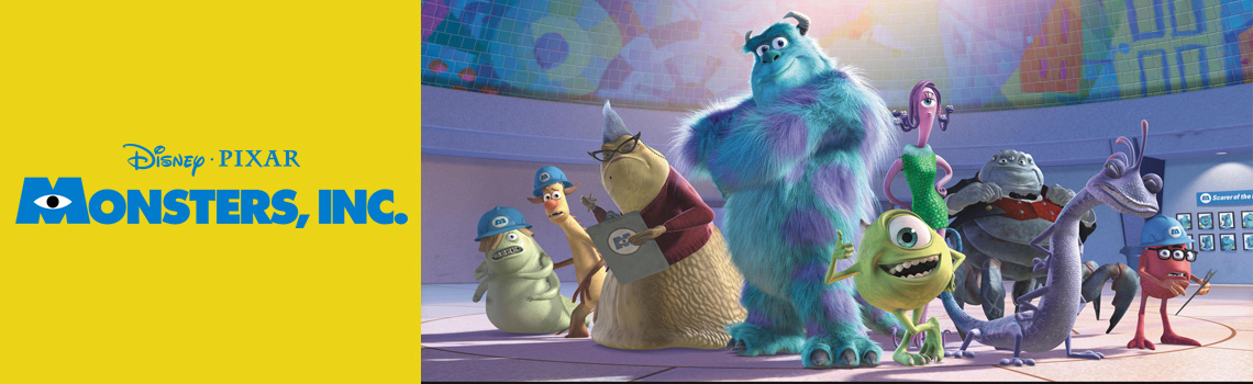 Movie poster of a collection of monsters and the text Disney Pixar Monsters, Inc.